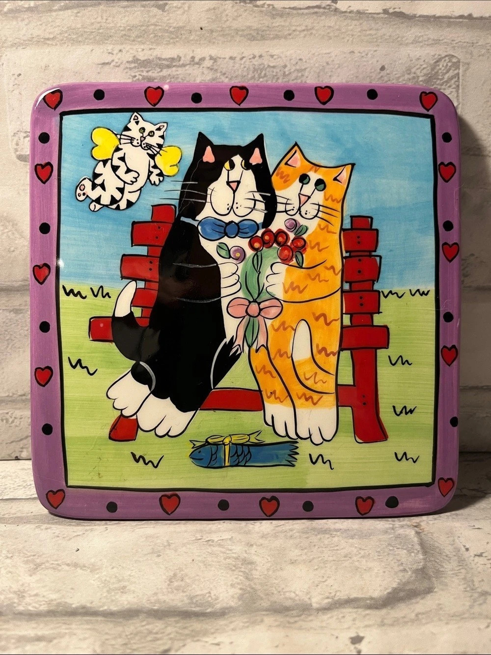 Cazilla Hand-Painted Cat Trivet in Purple & Green Candace Reiter kitchen